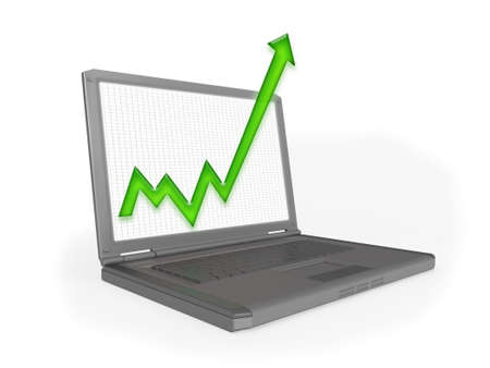 3D rendering of a laptop computer with graph protruding from the screen to represent business growth, profit or other statistics.の写真素材