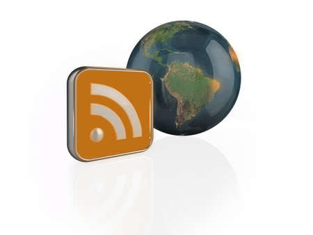 Computer generated illustration of an 3D RSS feed symbol transmitting to glossy earth.の写真素材