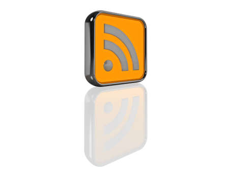 Computer generated illustration of an illuminated 3D RSS feed icon. Isolated on white with reflection.の写真素材