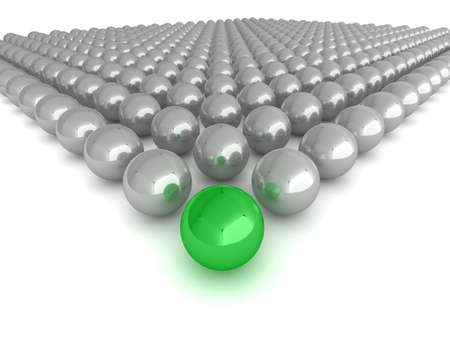 Abstract illustration of glossy spheres with a single green 'leader', or 'winner' in the centre.の写真素材