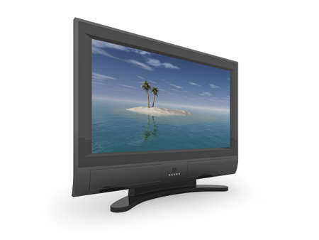 Flat screen TV showing image of desert island. Please see my portfolio for variations, and full size desert island image.の写真素材