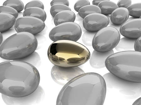 Realistic illustration of a shiny golden egg, amongst grey eggs on a reflective surface.の写真素材