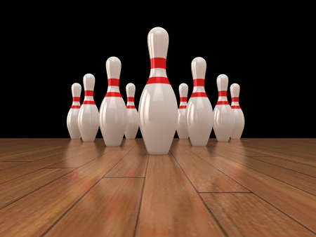 High quality 3d illustration of 10 bowling pins on a glossy wood surface.の写真素材