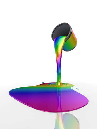 High quality abstract illustration of a can of "Rainbow Paint" pouring onto the floorの写真素材