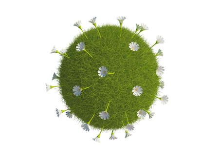 Illustration of a sphere or globe covered in grass and flowers, isolated on a white background.の写真素材