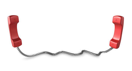 Shiny red phone illustration with black cord, isolated on a white background.の写真素材