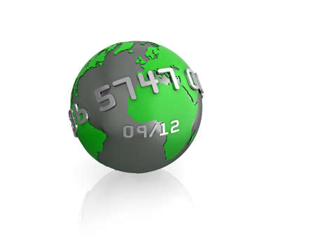 Illustration of a 3d globe, with credit card style text wrapping around, isolated on white with reflection.の写真素材