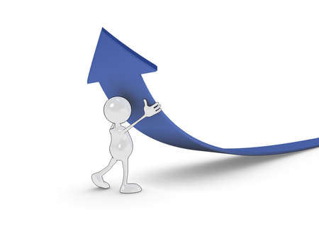 3d cartoon character pushing an arrow upwards.の写真素材