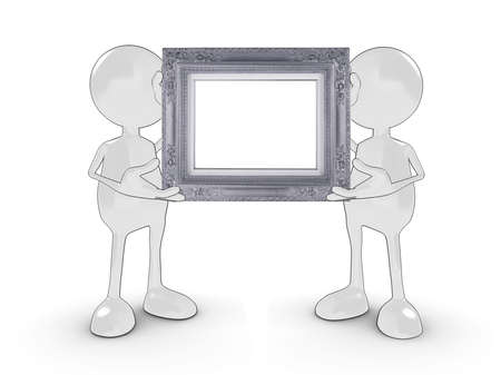 Two 3d characters holding a blank silver frame for your own design or text.の写真素材