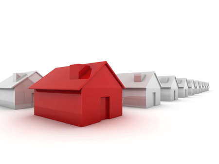 Red house in the foreground 'standing out from the crowd' concept imageの写真素材