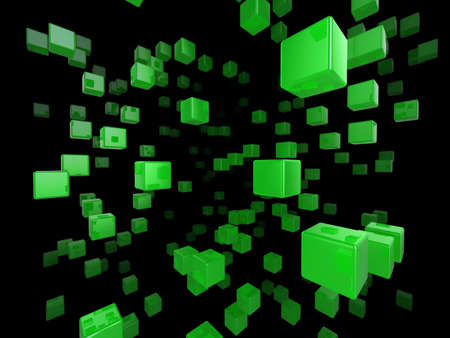 High quality illustration of a network of glossy green cubes reaching far into the distanceの写真素材