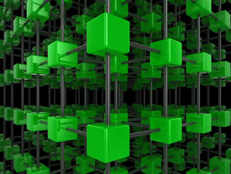 High quality illustration of a network of glossy green cubes, connected by a wire frameの写真素材
