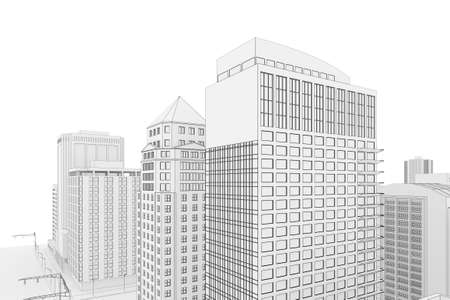 Illustration of a fictional city in a 'blueprint' outline styleの写真素材