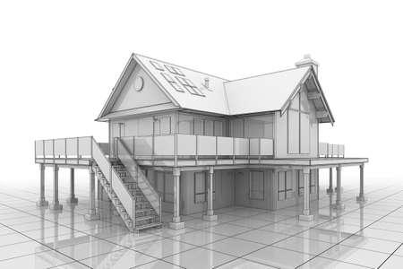 3D illustration of a large house in blueprint styleの写真素材