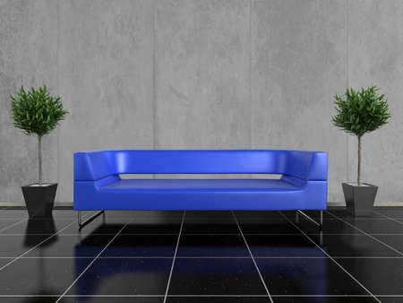 Modern blue sofa on a glossy black stone floor, with a plant either sideの写真素材