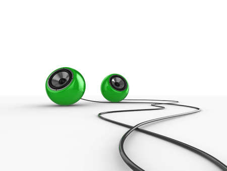 Illustration of a pair of glossy round speakers with wires, isolated on a white background.の写真素材