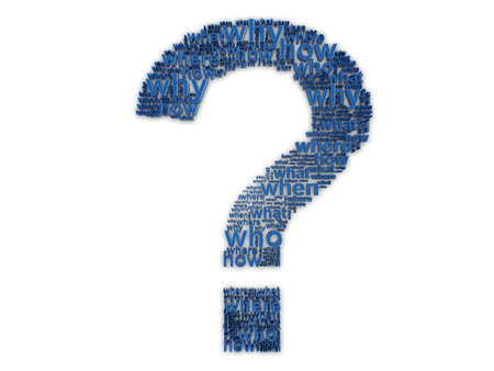 Blue 3d question mark made up of words on a white backgroundの写真素材