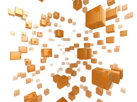 High quality illustration of a network of glossy orange cubes reaching far into the distanceの写真素材
