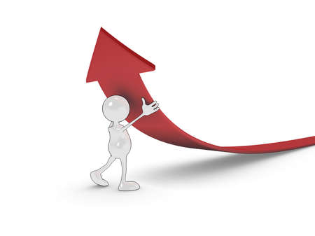 3d cartoon character pushing an arrow upwards.の写真素材