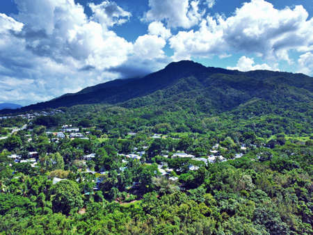 Drone view of houses in a mountain landscapeの写真素材