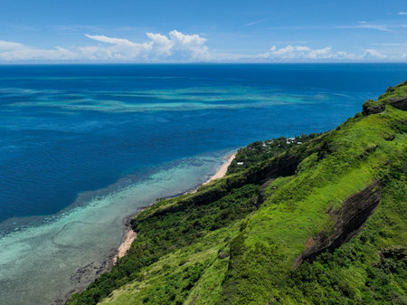 Aerial view of tropical island along the cliffs edge Torres Strait,の写真素材