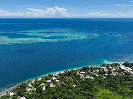 Aerial view of lush island showing tropical lving in the Torres Straitの写真素材