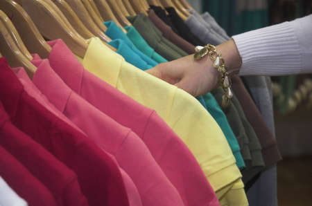 closeup view of clothes in a ladies clothing storeの写真素材