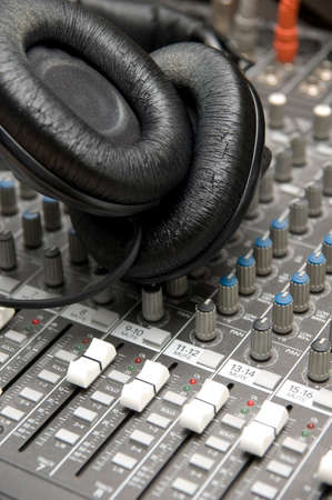 closeup view of a DJ's mixing deskの写真素材