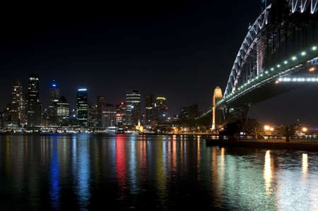 Sydney Harbour Bridge at night, as viewed from the north side of the bridge looking towards the city of Sydneyの写真素材