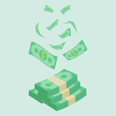 isometric money dollar cash flat vector illustration. dollar banknotes illustration. green paper bill. Fly cartoon money isolated on blue background. suitable for finance and businessのイラスト素材