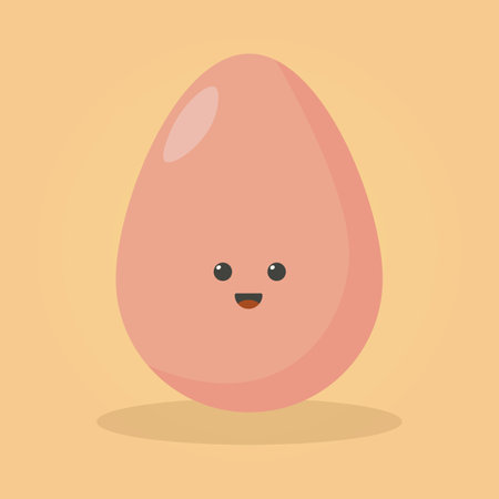 Cute cartoon character design of egg vector illustration isolated on yellow background. Happy cute smiling funny kawaii eggのイラスト素材