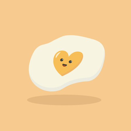 Cute cartoon character design of fried egg vector illustration isolated on yellow background. Happy cute smiling funny kawaii fried egg with heart yolkのイラスト素材