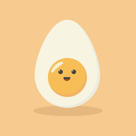 Cute cartoon character design of boiled egg vector illustration isolated on yellow background. Happy cute smiling funny kawaii boiled eggのイラスト素材