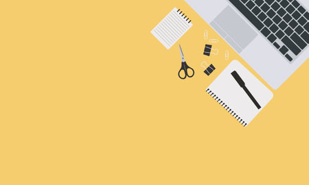 Top view of modern business office workspace background. Flat Illustration of office desk with...