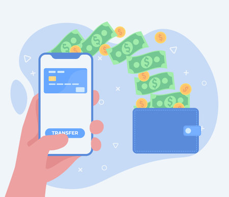 Online payment and digital bill concept. Mobile banking app and payment by credit card. Hand holding phone with money and wallet illustration.のイラスト素材