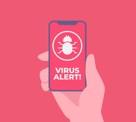 Virus alert message notification on smartphone. Malware and virus notification or error in mobile phone. Red alert warning of spam data, insecure connection, scam. Vector illustration.のイラスト素材