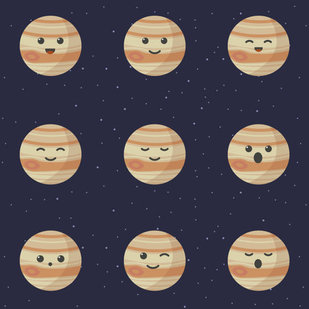 Cute planet jupiter cartoon character. Set of cute cartoon planets with different emotions. Vector illustrationのイラスト素材