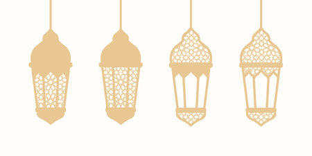 Set of luxury golden arabic lantern with islamic pattern. Golden lantern, lamp line icons. Arabian design element. Islam decoration. Greeting garland. Muslim festival. Vector illustration.のイラスト素材