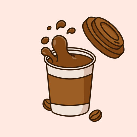 Cute paper cup filled with coffee cartoon icon vector illustration. Coffee drink icon concept. Vector flat outline iconのイラスト素材