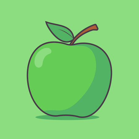 Cute green apple cartoon. Flat illustration of fresh apple icon on green background. Suitable for use in food product design, posters or brochures.のイラスト素材
