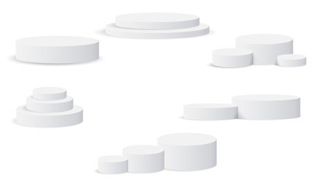 3d display product minimal scene with geometric podium platform collection. Abstract white 3D room with realistic white cylinder pedestal podium. Stage showcase on pedestal display beige backgroundのイラスト素材