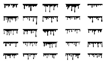 Black melting drips paint collection. melt drips paint abstract liquid vector elements. border and drips ink setのイラスト素材