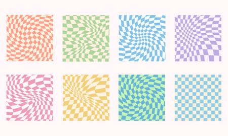 Retro groovy checkered seamless patterns collection. y2k aesthetic. Trippy checkerboard background. Funky hippie fashion textile print, retro background with distorted grid tile vector pattern setのイラスト素材