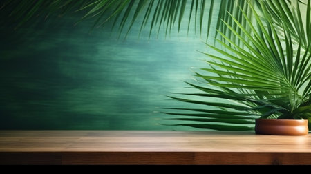 Empty wooden table on the foreground with tropical palm leaves. Summer tropical holiday background concept. Generative Aiの素材