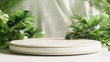 Luxury minimal white marble stage with tropical palm leaves on background. luxury organic cosmetic, skincare, beauty treatment product background. Generative Aiの素材
