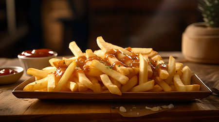 Close-up photography of a French fries on a wooden table against a minimalist or empty room background. food photography and illustrationの素材