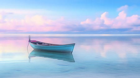 canoe floating on the calm water under beautiful sky. Ai generatedの素材