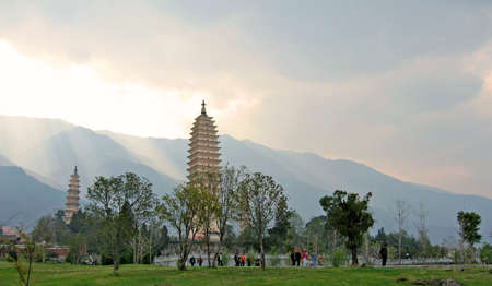 towering buddhist temples in the afternoon light in dali, chinaの写真素材