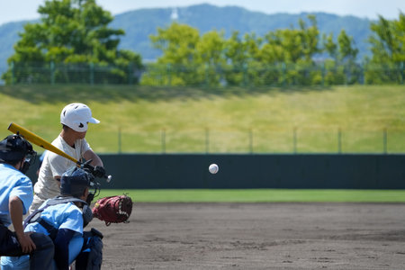 Back view of the catcher and umpire receiving the pitcher's throw during a baseball game and the batter trying to hit the ball.の写真素材