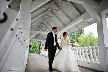 young cute wedding couple walking at the covered wooden bridgeの写真素材
